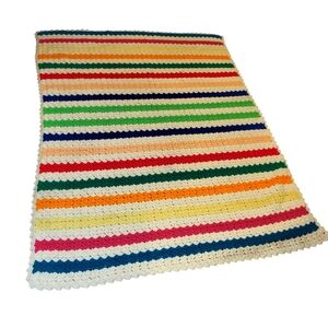 Handmade Crocheted Multi Colored Afghan  Blanket Vintage